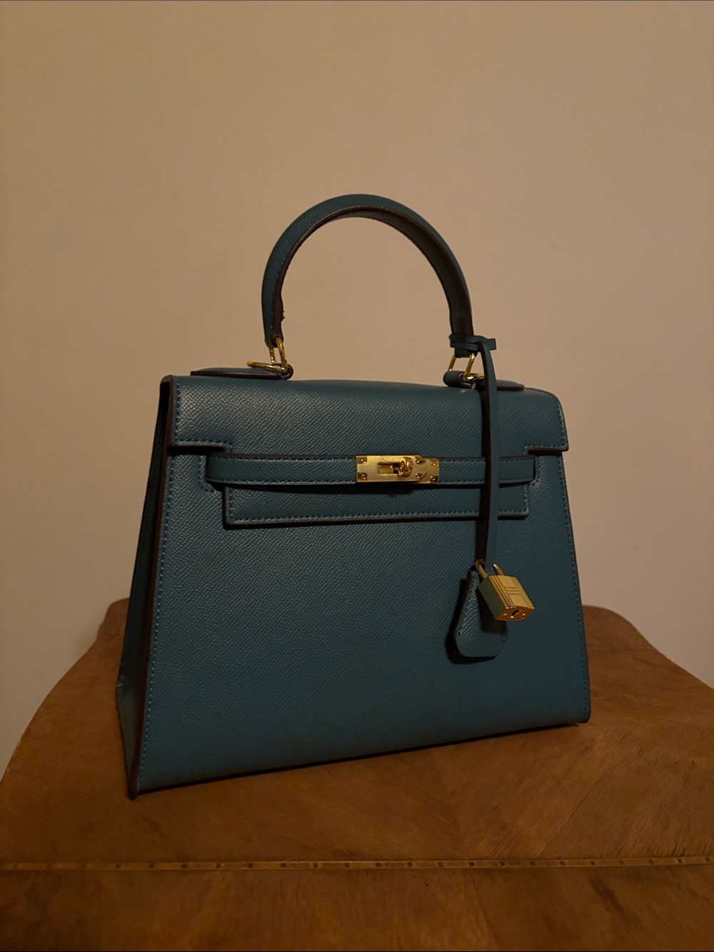 Teal Structured Top-Handle Leather Mini Bag with Gold Hardware
